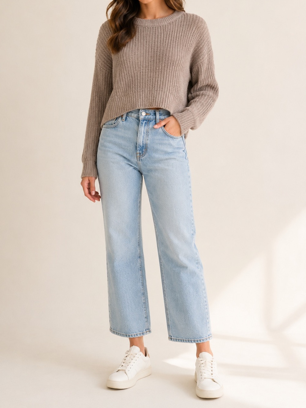 Urban Outfitters Taupe Cropped Sweater Small Ribbed Knit Crewneck Neutral